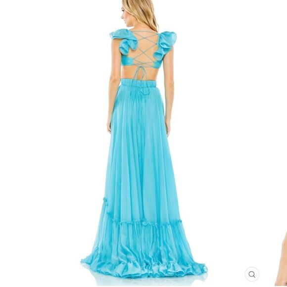 Mac Duggal Ruffled Shoulder Cut Out Lace Up Gown Dress Blue Green Size 10 - Picture 4 of 16